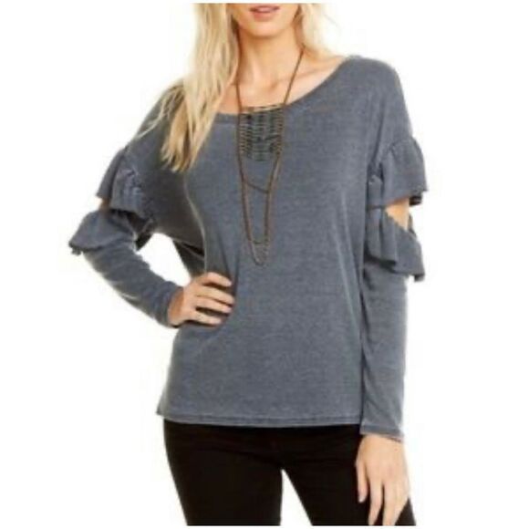 Chaser Vintage Rib Long Sleeve Vented Ruffle‎ Dolman Top in Cruise Gray Size M - Picture 10 of 10